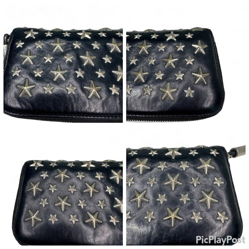 Jimmy Choo Long Black Leather Zippered Wallet, Silver Star Studs w/ Box - USED - Picture 8 of 15